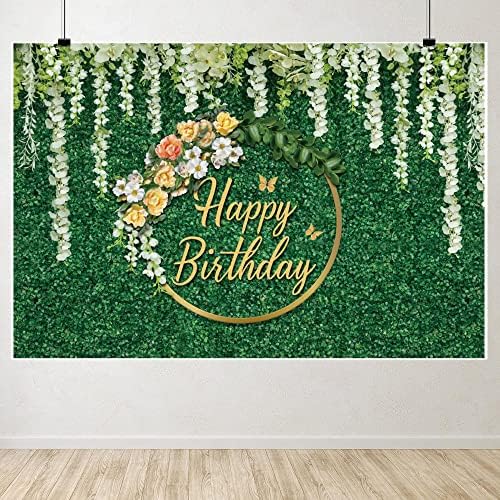 Nihilar zeleno lišće Happy Birthday backdrops, zelena trava i bijelo cvijeće rođendan pozadina za fotografiju slatke djevojke žene Rođendanska zabava Decor Photoshoot pozadine torta Tabela Banner 8x6ft