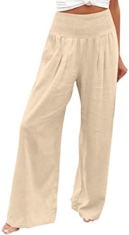 Pamučne pantalone za pamučne posteljine za žene casual ljetne hlače sa solidnim bojama sa džepovima ruched visokih struka Palazzo hlače