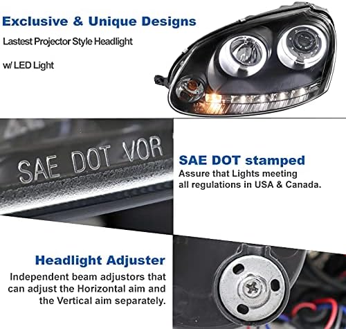 ZMAUTOPARTS Halo LED projektor farovi Crni w / 6 bijeli DRL kompatibilni sa 2006-2009 Volkswagen Golf/GTI/Jetta