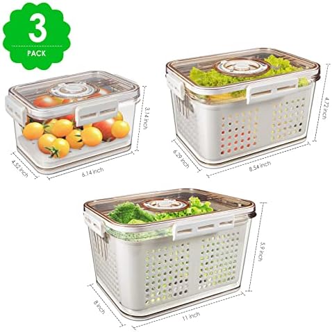 Kqiang 3 Paket frižider kutija za skladištenje hrane set sa poklopcima i cjedilo svježe proizvode Saver BPA-free plastike povrće voće