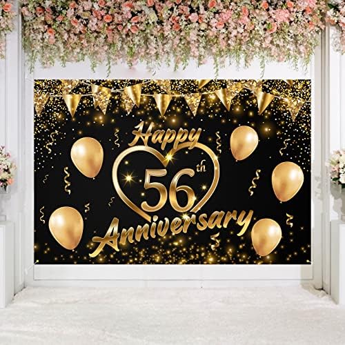 Sretna 56. godišnjica pozadina Banner dekor crno zlato-Glitter Love Heart Happy 56 godina godišnjica vjenčanja Party Tema dekoracije
