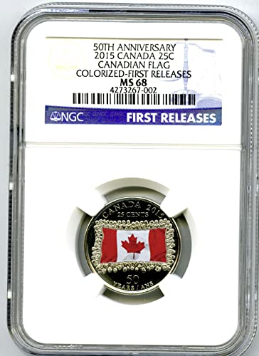 2015 Ca Royal Canadian Mint Canada 50. godišnjica Zastava Najveća populacija = 7 Plava etiketa Prvo izdaje 25 centi NGC MS68