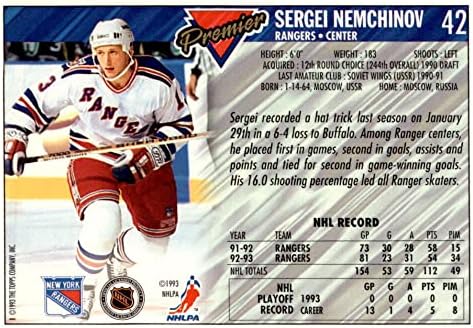 TOPPS 1993-94 Premier # 42 Sergei Nemchinov Ex / NM NY Rangers