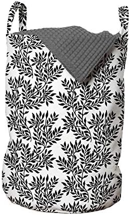 Ambesonne crno-bijela torba za veš, biljka lišća u Monokromatskom stilu sa zakrivljenim grančicama punim lišća, korpa za korpe sa ručkama zatvaranje Vezica za pranje veša, 13 x 19, crno bela