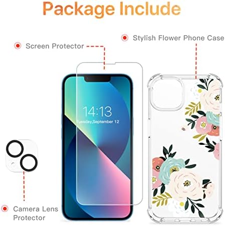 Gviewin Dizajniran za iPhone 13 Case 6,1 inča, sa kaljenim staklom Zaštitni zaslon + zaštitni objektiv fotoaparata Pročisti cvijet meka i fleksibilna cvjetna cvjetna cvjeta
