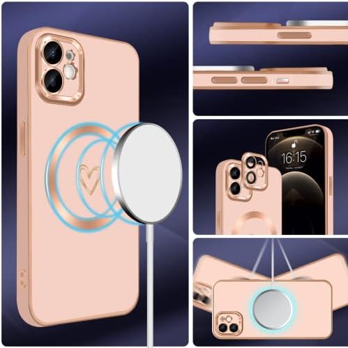 YKCZL kompatibilan sa iPhone 12 Case Magsafe, luksuzno postavljanje slatkog srca Potpuno zaštita objektiva fotoaparata za iPhone 12 za žene djevojke-ružičaste