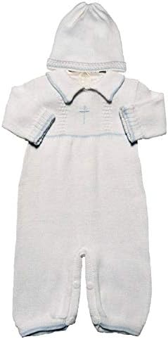 Dječakov bijeli pamuk pleteni krštenje krštenje Longall W / bijeli, plavi ili zlatni krst i šešir