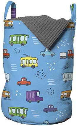 Ambesonne transportna torba za veš, šarena crtana kompozicija Vozila Automobili autobusi tematski Print, korpa za korpe sa ručkama