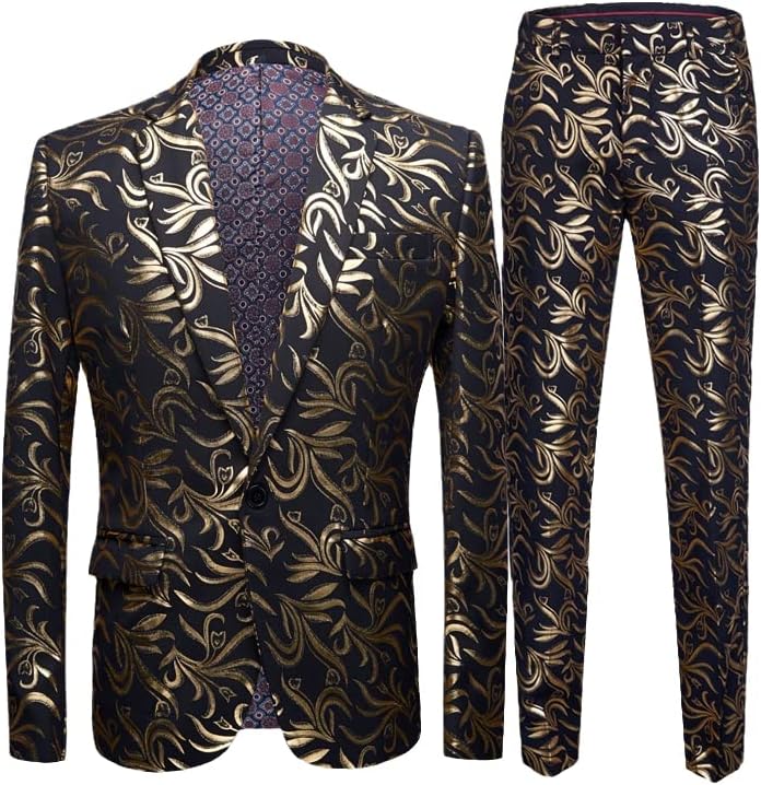 Jesenja Engleska Style Bright Gold Bronzing Suit Men Ležeran Slim Flower Print Rerets za muškarce 2 komada