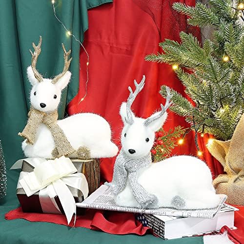Lulu Početna Božićna stolna ukrasi, set od 2 jato bijele figurice za jelenje sa blistavim anterom i nogama, Xmas Holiday Winter Mantle