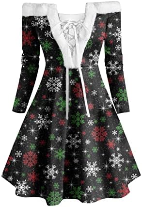 Božićna haljina za žene Seksi od ramena čipka V izrez baršunaste haljine Xmas Snowflake grafički labavi ljuljačke haljine