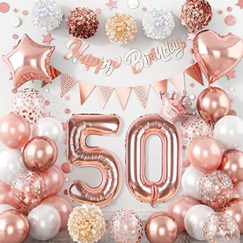 Dekoracija 50. rođendana, Rose Gold Confetti Bijeli broj 50. Sretan rođendan folija Balloon krug Dot Baner za bunčanje sa papirom