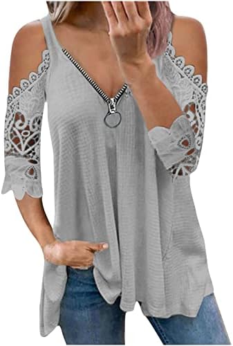 Klizanje hladnog ramena kratki 1/2 rukav 2023 čipkasti pamuk V vrat Oversized Top Tshirt za ženski Salon bluza QU