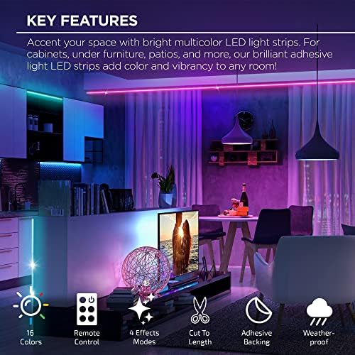 Merkury Innovations FlexGlo fleksibilne raznobojne LED svjetlosne trake, RGBW LED svjetla za zabave sa ljepljivom podlogom i daljinskim