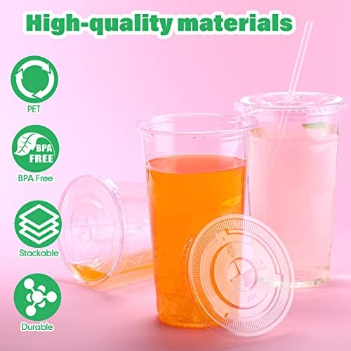 Nuogo 100 kompleta 32 oz prozirnih plastičnih čaša sa ravnim poklopcima i Slamkama, PET plastičnih čaša sa poklopcima slamke u boji