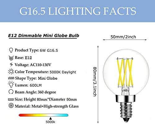 Zatamnjiva E12 kandelabra baza led Edison sijalica, G16.5 mini Globusna sijalica 6W dnevna svjetlost 5000K 60watt ekvivalentna 600lm za lustere,Stropni ventilator i ispraznost, 5 pakovanje