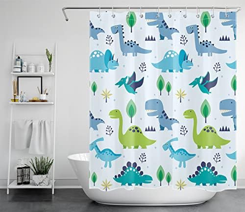 Lb Dinosaurus tuš zavesa za kupatilo, plava i zelena smešna slatka crtana životinja divlje životinje dečaci tuš zavese 60x72 inčni