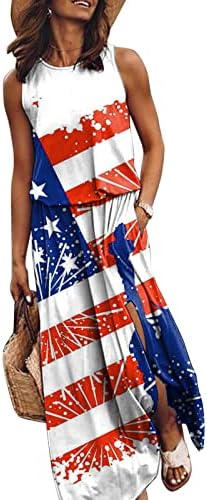 4. jula haljine za žene casual usa zastava zastave Stripe Star Long Maxi haljina ljetna proreza Crewneck Beach sunčane haljine sa