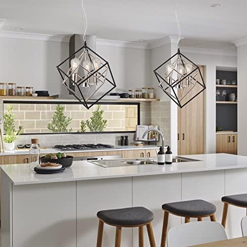 Madserderz Moderni geometrijski privjesak za svjetlo, seoska kuća crno-hromirani luster, vintage kvadratne privjeske rasvjete za kuhinju