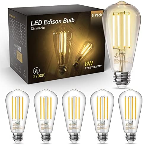 TJOY Edison sijalice 60W ekvivalentne, Vintage LED sijalice sa mogućnošću zatamnjivanja, E26 Srednja baza, toplo bela 2700k, ST58, 8W, 800LM, 80+ CRI, Antikna dekorativna filamentna LED sijalica, prozirne naočare, 1 pakovanje