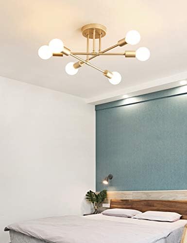 MichiDeco moderna plafonska lampa, 6-lagani luster Sputnjik za spavaću sobu,trpezariju, kuhinju ili kancelariju, Zlatni
