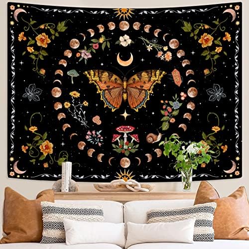 Aipon narančasto leptir mjesec cvijet tapiserija Boha botanička cvjetna biljna tapiserija za spavaću sobu estetske vintage tapiserije