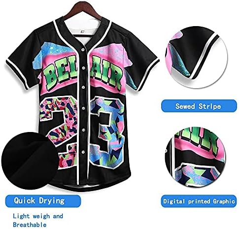 AMZDEST 90-ih Odjeća za žene, uniseks hip hop odijelo za zabavu, Bel Air Baseball Jerseyy, majica s kratkim rukavima