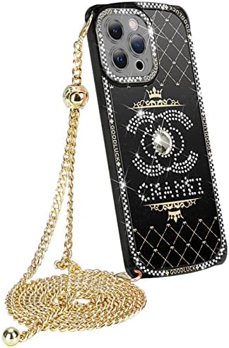YESHTTT za iPhone 11 Pro Max Luxury Bling Diamond Crossbody Case, sretno Moderan podesivi lanac za žene i djevojke, crna
