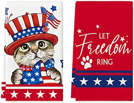 Artoid Mode crvena mačka američka zastava zvijezde Sloboda 4. jula Kuhinjski ručnici ručnici za suđe, 18x26 inča sezonska dekoracija