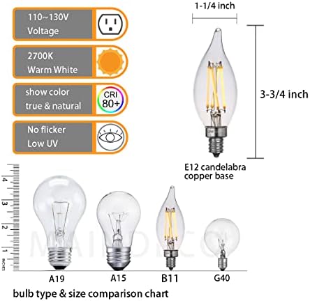 MAINDECO CA10 / CA11 LED luster sijalice za sveće 25W ekvivalentne, nijansa plamena 2700k toplo bijele LED sijalice sa žarnom niti,