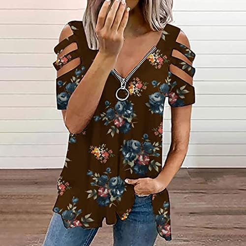 LCEPCY ženska hladno ramenica majica Zip V izrez kratki rukav Tees cvjetni ispis bluza 2023 povremene vrhove tunika