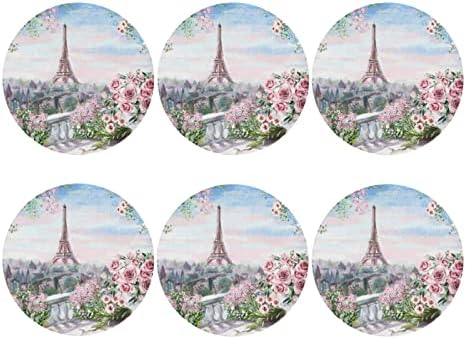 Pariz Eiffelov toranj sa cvijećem tiskanim kožnim podmetačima od 6 okruglih podmetača, lako čišćene kafe prostirke za kuhinju ukras