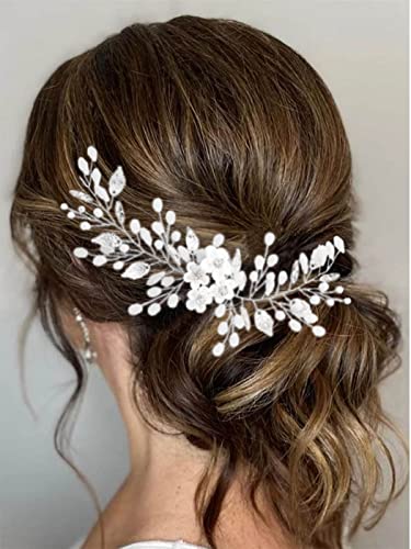 Heread Opal Rhinestones Bride Wedding Hair Vine Silver Flower Bridal Headband list Hair Pieces Accessories for Women and Girls 