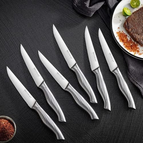 BECOKAY noževi za odreske-Set noževa za odreske od 6 Visokougljičnog njemačkog čelika nazubljenog noža za odreske-4,3 inča premium