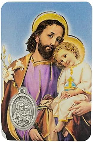 Saint Joseph molitvena kartica sa ugrađenom medaljom | Patrona svetaca univerzalne crkve, nerođeni djeca, očevi, radnici, putnici,