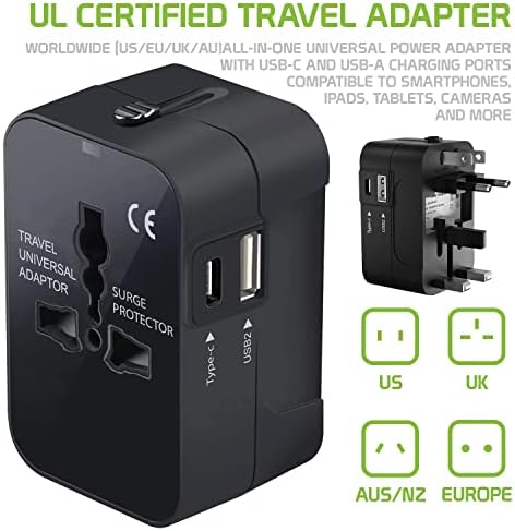 Putni USB Plus Međunarodni Adapter za napajanje kompatibilan sa BLU Life Max za Svjetsku snagu za 3 uređaja USB TypeC, USB-a za putovanje