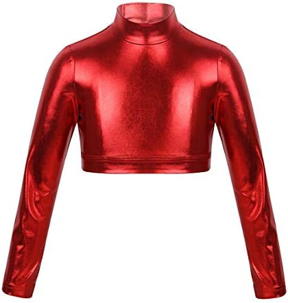 Moggemol Kids Girls Glossy Metalik dugih rukava Turtleneck Crop Tops Plesne majice Performanse Kostim Crveno 6 godina