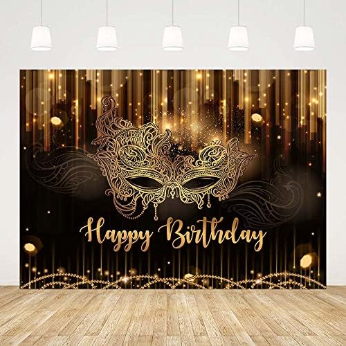 AIBIIN 7x5ft Happy Birthday Backdrop Masquerade Mask party Decorations Supplies Carnival Birthday Dancing Party Banner Black Gold