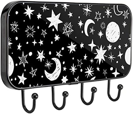 Vioqxi Zidni nosač sa 4 kuke, crno bijele mjesec zvijezde dizajniraju samoljepljive kuke za viseće kaput odjeću, tipke, ručnici, torba, šešir, torbica, šal