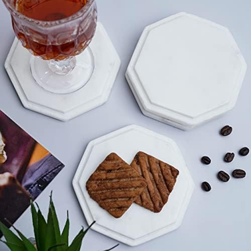 Crocon White Marble Coaster za čajne čaše za kavu Staklo i može se dekor stola | Šesterokutni podmetači 4 | Alabaster set mramora