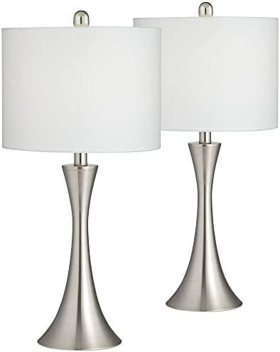 360 rasvjeta Gerson moderne Stolne lampe 24 visok Set od 2 sa dimerima brušeni nikl srebrni Metal LED Bijela bubanj sjenilo za spavaću