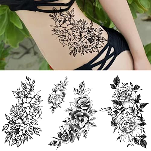 Padoun Black Rose Chrysanthemum Privremene tetovaže za cvijeće za žene, 6-listova velike privremene tetovaže za djevojčice, realne