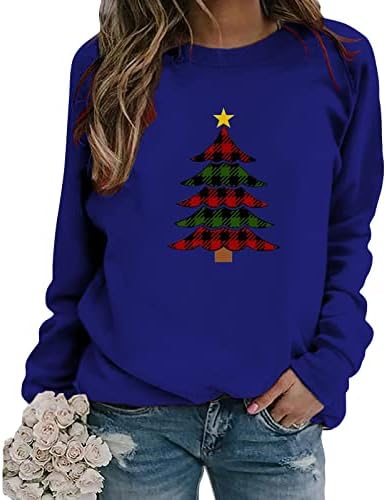 Božićni džemperi za žene s dugim rukavima Ležerne prilike, pulover za tee Green Red Plaid Xmas Tree Crewneck Dukseri