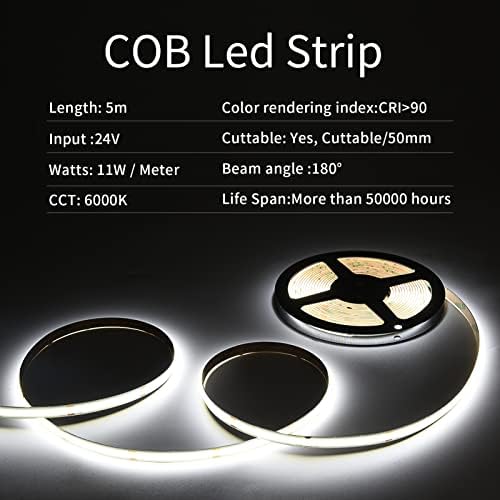 COB LED striptiz svjetla dnevna svjetlost bijela 6000K, 16.4ft / 5m super svijetla 480Leds / m fleksibilna COB LED traka, CRI90 +