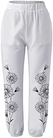 Ženske pamučne posteljine duge hlače plus veličine Leptir Ispiši ravne pantalone elastični struk lagane dukseve sa džepovima