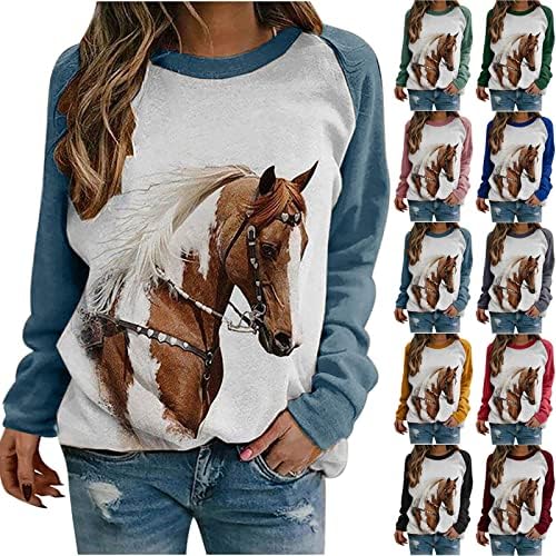 Ženske konjske vrhove dugih rukava Etinski košulje modni jeseni odjeću Labavi raglan Crewneck Pulover slatka dukserica