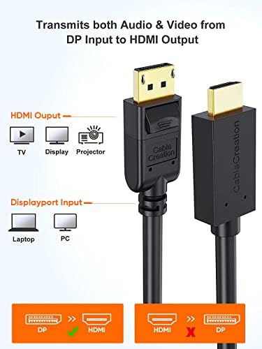 CABLECreation DisplayPort do HDMI kabl 3 ft, DP 1.2 do HDMI 4K @ 30Hz pozlaćeni kabel, jednosmjerni 4K i 3D audio / video pretvarač,