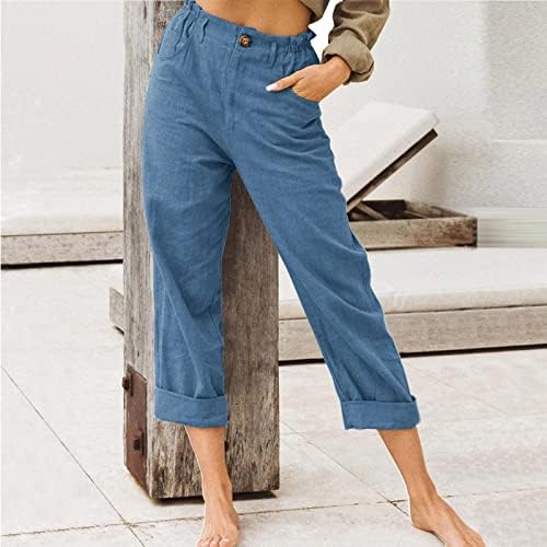 Usuming široke pantalone za noge za žene elastične rekvicene pantalone visoke hlače za gležnjeve s gornjim hlačama Ljetne hlače sa džepom