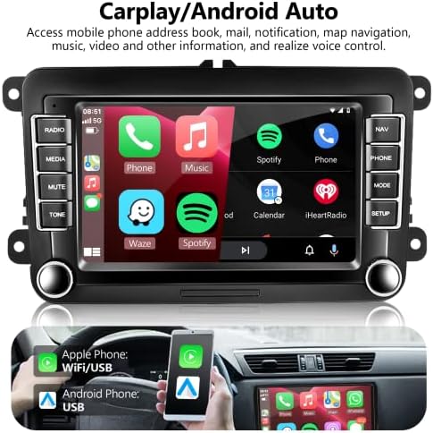 2G + 32G Android Car Stereo s bežičnim karplay za VW Jetta Golf Tiguan Passat Skoda, 7 inčni dodirni ekran Bluetooth automobil Audio