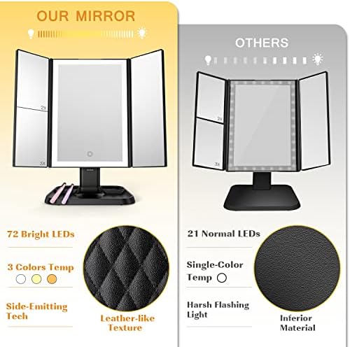 HORM 2 Pakovanje Bijelo + Crno ogledalo za šminkanje ogledalo sa svjetlima - 3 načina osvjetljenja u boji 72 LED troslojno ogledalo,